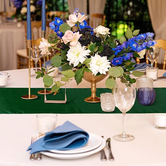 Bencailor 24 Pcs Dark Green Satin Table Runner Bulk 12 x 108 Inches Long Table Runners Bright Smooth Fabric Tablecloth for Wedding Banquet Birthday Valentines St Patrick's Day Party Decorations