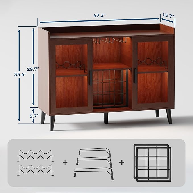 Wine Bar Cabinet with LED Lights, 47 Inch Freestanding Sideboard Buffet with Wine Rack & Glass Holder, Multi-Functional Storage Cabinet for Dining Room Living Room Kitchen, Walnut Color