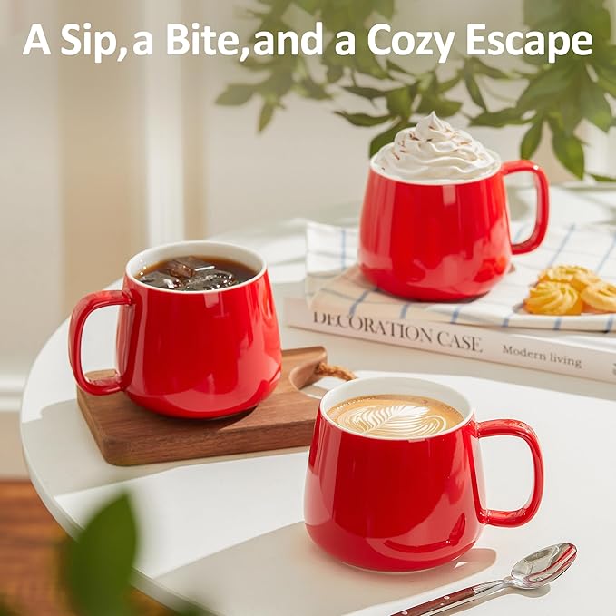 Teocera 16oz Ceramic Coffee Mugs Set of 4 ??Stackable Latte Cups, Microwave, Dishwasher & Oven Safe ??Ideal for Coffee, Cappuccino, Hot Chocolate, Housewarming Gifts, Red