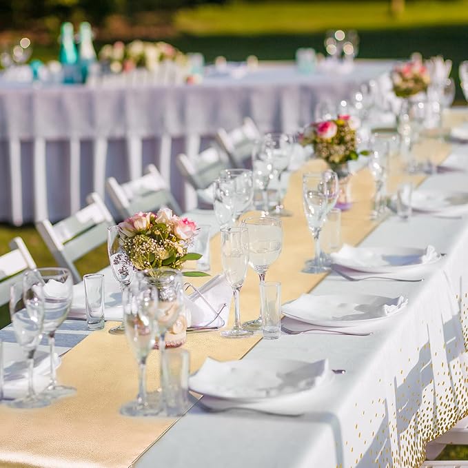 Tudomro 16 Pieces White and Gold Disposable Plastic Tablecloths and Satin Table Runner Set 54x108 Inch Tablecloth 12x108 Inch Table Runners for New Year Wedding Birthday Baby Shower Graduation