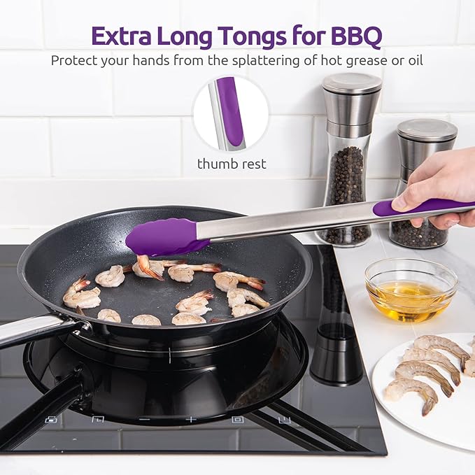600쨘F Heat Resistant Kitchen Tongs: U-Taste 16 inch Extra Long Large Silicone Cooking Tong with Sturdy Non Stick Rubber Tips & Non Slip Silicon Coated 18/8 Stainless Steel Handle for Grill BBQ(Purple)