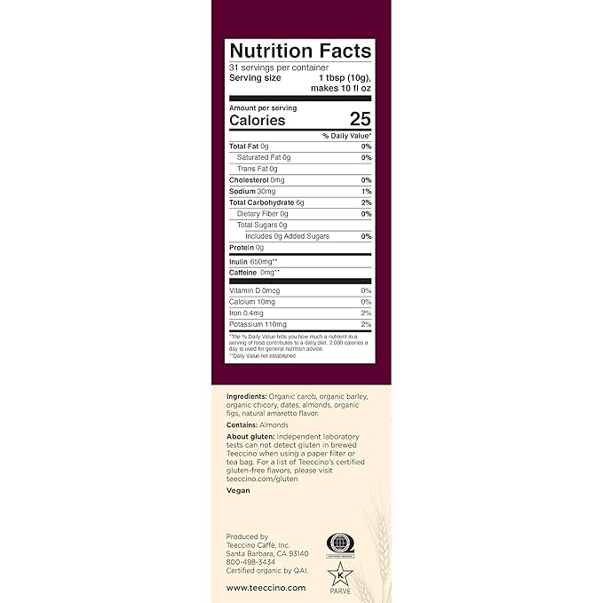 Teeccino Almond Amaretto Chicory Coffee Alternative - Ground Herbal Coffee That?™s Prebiotic, Caffeine Free & Acid Free, Medium Roast, 11 Ounce (Pack of 6)