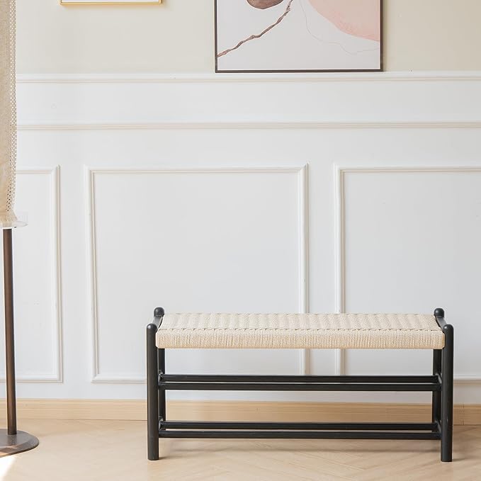 XINNAN Solid Wood Entryway Bench with Shoe Storage, Rustic Oak Wood and Woven Design 31.5 Inch Long Seating for Living and Dining Rooms, 3-Tier Black
