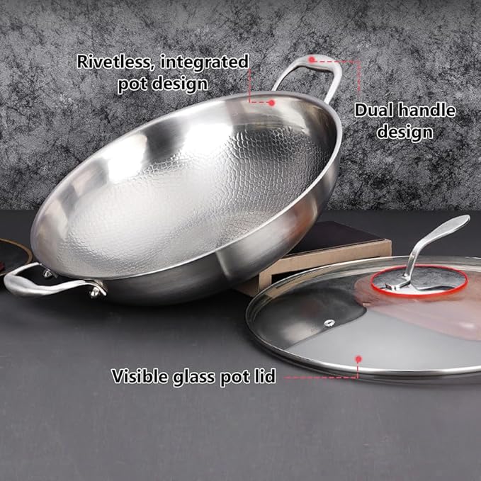 14 Inch Titanium Hammered Wok with Double Handles, Frying Pans Nonstick, Non-Stick Wok, Scratch-Resistant Non Stick Titanium Pans for Cooking,No lid