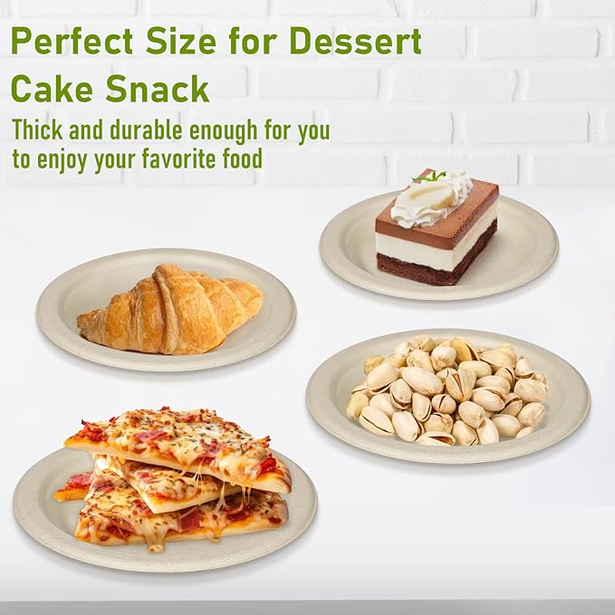 Small Paper Plates, 100 Pack Paper Plates 6 inch, 100% Compostable Plates Eco Friendly Disposable Plates, Small Dessert Plates, Brown Paper Plates