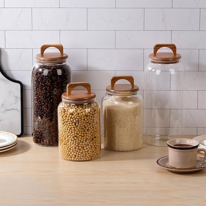 WHJY 107oz Large Glass Jars with Wood Lids Flour Sugar Storage Containers for Kitchen Pantry Large Airtight Clear Canister for Coffee Bean Snacks Dried Goods