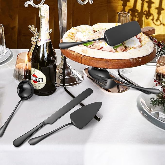 A 쨌 HOUSEWAR Black Flatware Serving Set 7 Piece Stainless Steel Catering Utensils include Soup Ladle Large Slotted Spoon Big Server Fork12??Cake Knife Pizza Spatula Parties Buffet