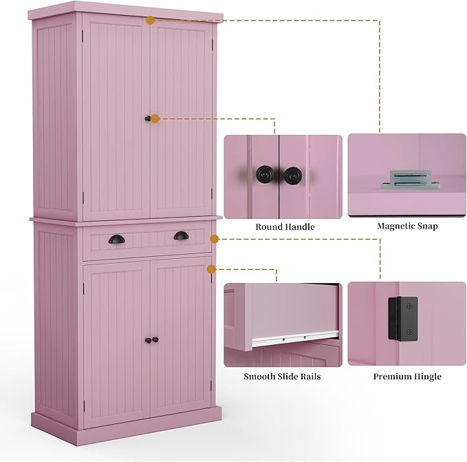 ARTPOWER 72" Tall Kitchen Pantry Storage Cabinet with Drawer and Adjustable Shelves, Pantry Cabinet for Kitchen, Bathroom or Hallway, Pink