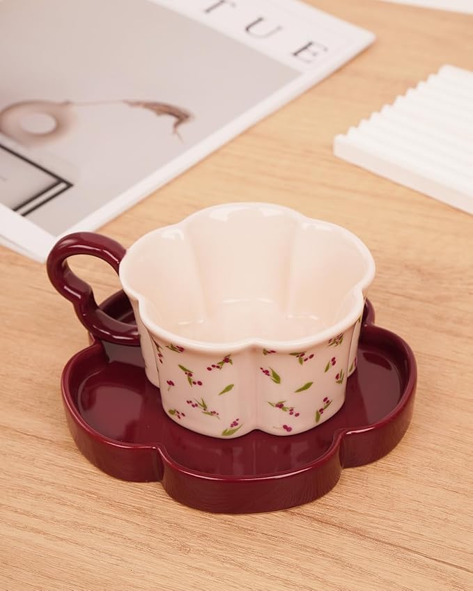 Ceramic Coffee Mug with Saucer Set, Creative Cute Cup with Flower Coaster for Office and Home, 8.4 oz/240 ml for Tea Latte Milk-Pink Cherry (Pink Cherry)