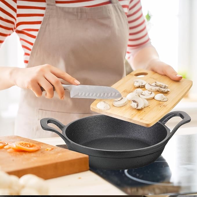 Sliner 4 Sets Mini Cast Iron Skillet Small Cast Iron Plates Skillet with Wooden Base Small Round Pan Fajita Plate Pot for Baking Cooking(5.5 Inch)