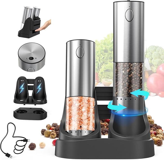 CIRCLE JOY 2-Speed Electric Salt and Pepper Grinder Set Rechargeable Stainless Steel Pepper Mills with Charging Base, LED Light and External Adjustable Coarseness for Hygienic Easy Use