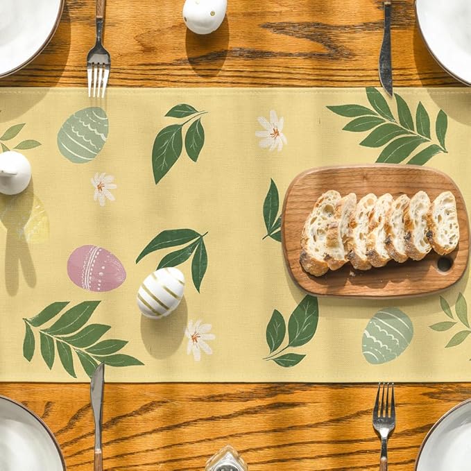 Artoid Mode Yellow Bunny Eggs Leaves Flowers 210 GSM Easter Table Runner, Seasonal Spring Kitchen Dining Table Decoration for Home Party Decor 13x72 Inch
