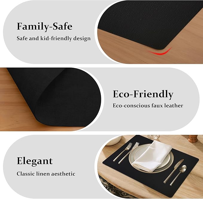 FROMHEART Faux Leather Placemats Set of 12?밯aterproof,Heat/Oil Stain-Resistant PU Table Mat?밨eversible,Non-Slip,Easy to Clean Place Mats for Kitchen,Dining,Indoor/Outdoor,(Black,11.8" x 17")