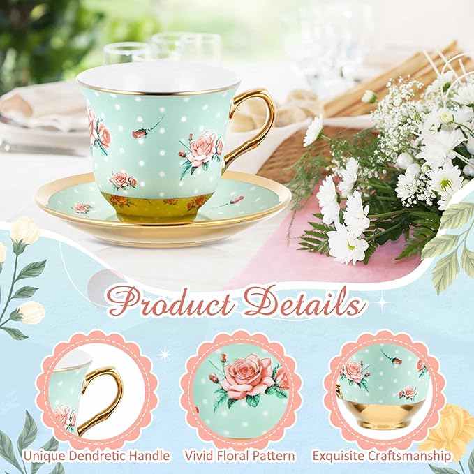 Set of 12 Tea Cups and Saucers Tea Party Decorations Floral Porcelain 5.4 oz British Gift for Women Birthday Party, Church, and Mother's Day (Vintage Style)