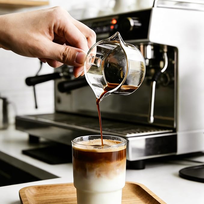 Espresso Cups Set of 2, 4 OZ Double Spouts Cups espresso measuring with handle Clear Glass Milk Coffee Accessories for Machine
