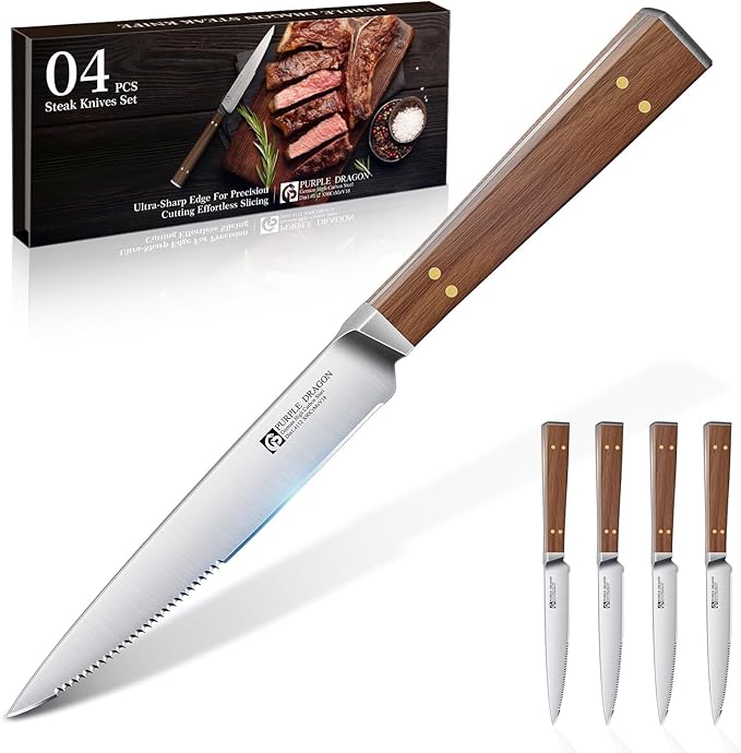 Purple Dragon Serrated Steak Knives Set of 4 - High Carbon German Steel Steak Knife Set with Square Wooden Handle - Effortless Cutting - Christmas Gift for Men and Women
