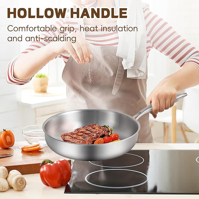 GOLDEN KEY 12 Inch Tri-Ply Stainless Steel Frying Pan, Stainless Steel Pans with Lid,Stainless Steel Skillet Induction All Cooktops, PFOA/PTFE Free Skillet,Health&Safety,Heavy Duty&Fast & Even Heat