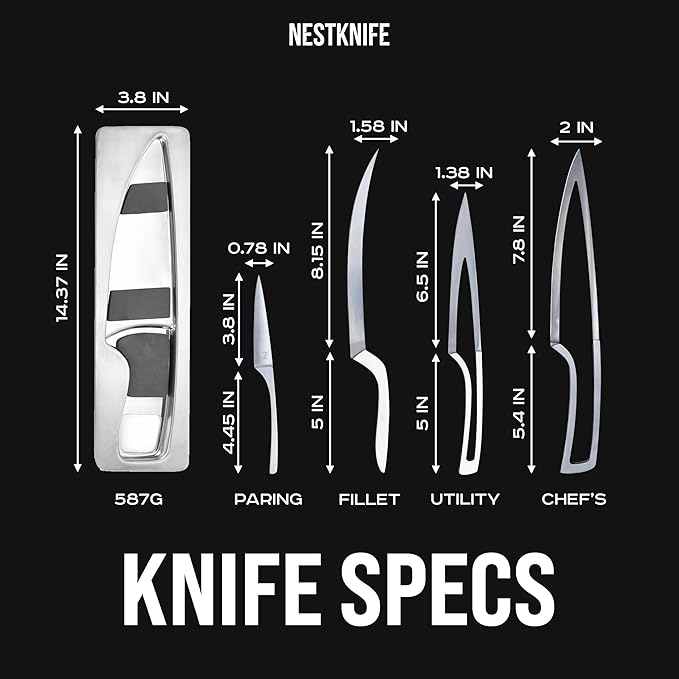 Kitchen Knife Set Stainless Steel, Chef Knife Set of 4 Pieces, Space Saving Ergonomic Design of Chef's Knives, Modern Stainless Steel Knives, Aesthetic Kitchen Essential, NestKnife Patented Technology