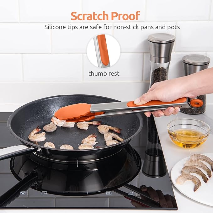 600쨘F Heat Resistant Kitchen Tongs: U-Taste 12 inch Large Silicone Cooking Tong with Sturdy Non Stick Rubber Tips & Silicon Coated 18/8 Stainless Steel Handle & Smooth Locking for Serving Grill-Orange