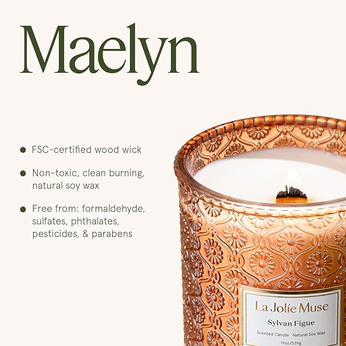 LA JOLIE MUSE Sylvan Figue Candle | Fig Leaf, Red Berries, Sandalwood | 19 oz Large Wooden Wick Candle | Natural Soy Wax | 90 Hours Clean Burn | Gift-Ready for Hosts | Elegant Home D챕cor