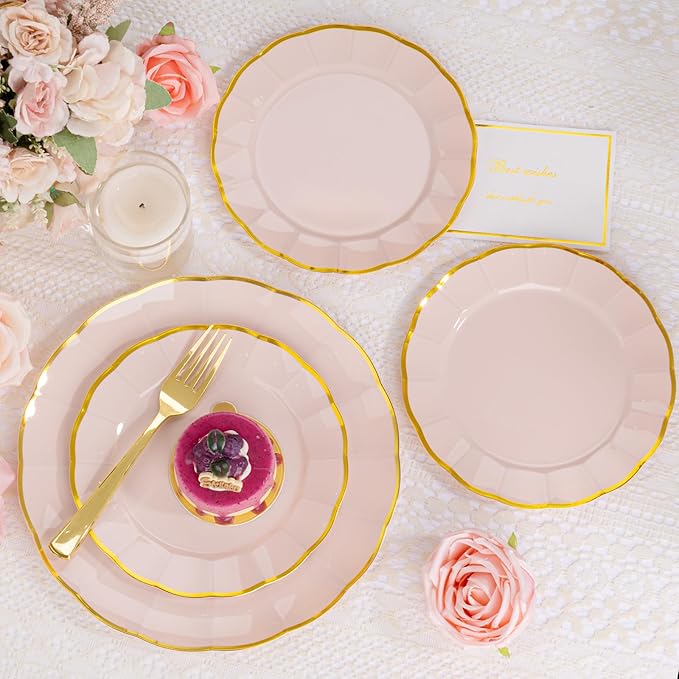 EI 150pcs Pink Plastic Plates with Gold Plastic Silverware,Pink Party Plates,Heavy Duty Plate Disposable,Gold Dinnerware Set for Birthday, Afternoon Tea,Wedding