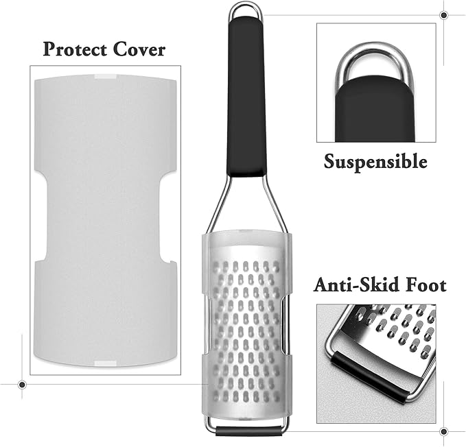 Cambom Lemon Zester Grater Three-piece Suit - Heavy Duty Kitchen Tool for Parmesan Cheese, Ginger, Garlic, Nutmeg, Chocolate, Vegetables竊똅ruits竊똕tainless Steel Grater Dishwasher Safe Black