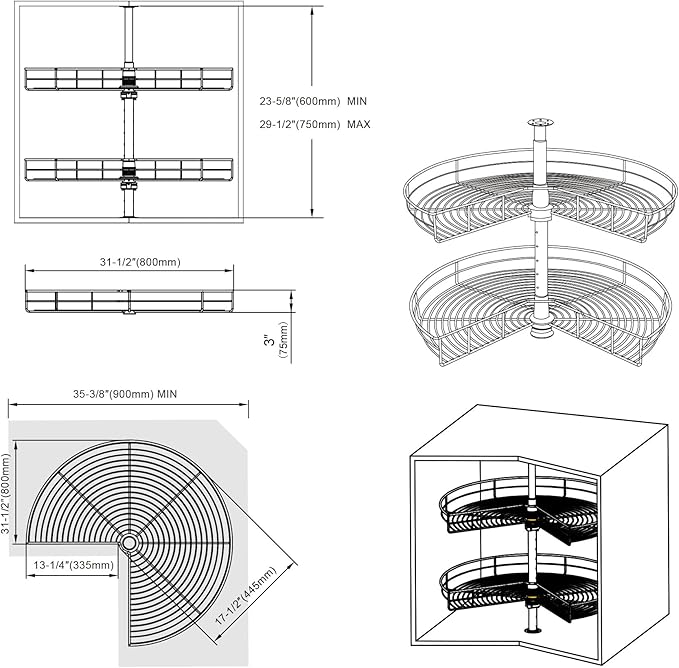 Dowell Base Cabinet Kidney Shape Dia.32 270째 Lazy Susan, 2 Shelves, Kitchen Base Corner Cabinet Organizer (Chrome 4001 270 32)