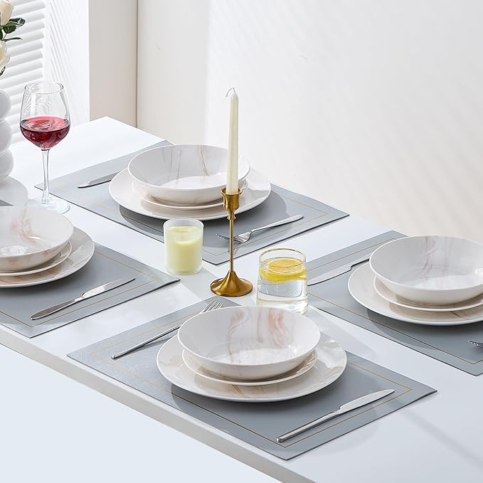 Bestone 12 Pieces Round Kitchen Dinnerware Sets,Plates and Bowls sets,Dishes, Plates, Bowls, Dish Set竊똏lates and Bowls,Service for 4, Orange and White Marble