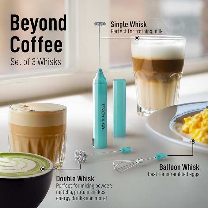 Zulay Froth N Go Milk Frother ??Rechargeable 3-in-1 Handheld Frother Wand with Travel Case & USB-C Charger ??Single, Double & Egg Whisk for Latte, Cappuccino, Matcha, Protein Shakes ??Aqu