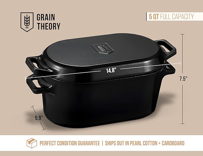Kook Dutch Oven, For Sourdough Baking, Dual Handles, Enameled Cast Iron, includes Silicone Mat and Sourdough Guide, Dishwasher Safe, 5 Qt, (Black)