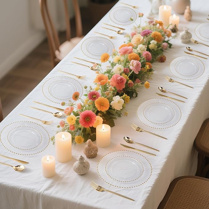 EI 60pcs Clear Plastic Plates with Gold Rim,Disposable Plastic Plates for Party,Fancy Dinner/Dessert Plate Heavy Duty for Wedding,Birthday,Afternoon Tea,Spring,Mother's Day,Valentine's Day,Easter