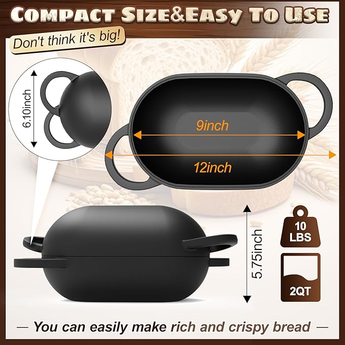 Enameled Cast Iron Oval Bread Oven with Non-Stick Silicone Liner, 2QT, Black, Mini Oval Homemade Sourdough Dutch Oven with Lid, Artisan Bread Loaf Pan for Homemade Bread Five-Years Free Replacement