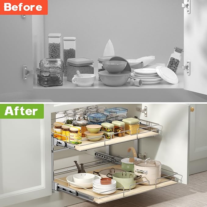 ROOMTEC 2 Tier Individual Pull Out Cabinet Organizer 31쩍"W x 21쩍"D, Slide Out Wood Shelves Organizers, Pull Out Drawers Organization and Storage for Kitchen Cabinet