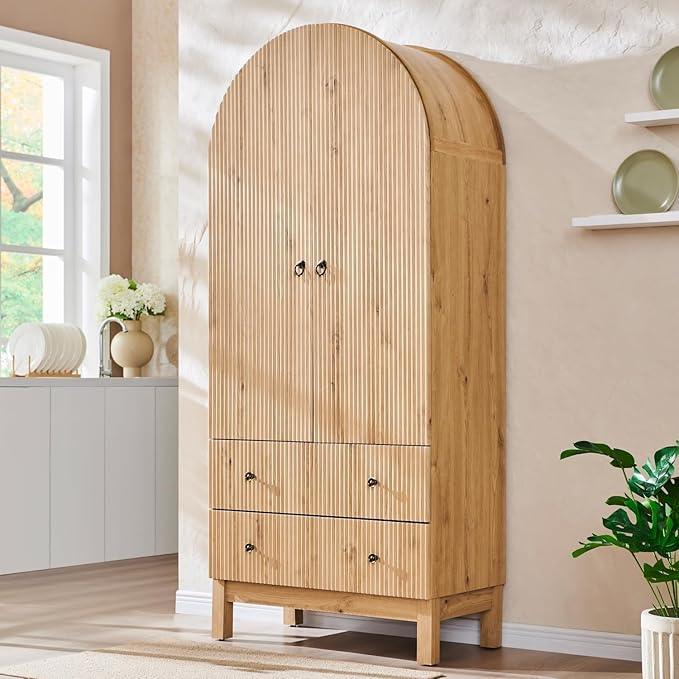 Fluted Arched Pantry Cabinet, 71" Tall Kitchen Storage Pantry Cabinet with Adjustable Shelves and 2 Large Drawers, Freestanding Morden Versatile Cupboard for Living Room, Bathroom, Natrual