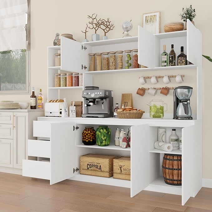 Large Kitchen Hutch Cabinet with Microwave Stand, Storage Cupboard Pantry with 3-Tier External Shelves and 3 Drawers, Ktichen Food Pantry with Open Countertop for Dining Room, White