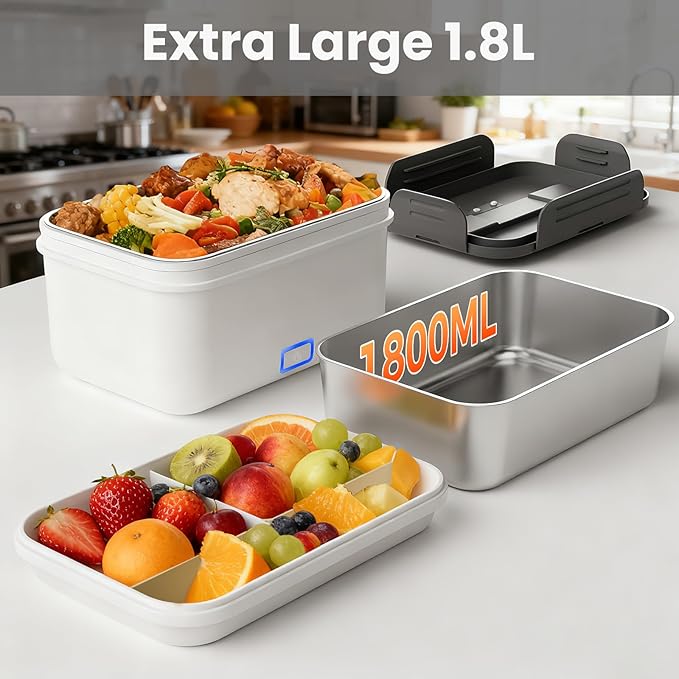 Herrfilk Cordless Electric Lunch Box for Adults, 1.8L/61oz Rechargeable Portable Food Warmer, 4in1 Ultra Quick Heated Lunch Box Food Heater for Travel/Car/Out Work, New Year White Elephant Gifts