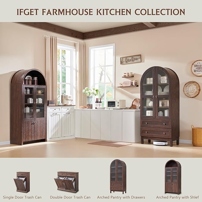 71" Tall Arched Kitchen Pantry Cabinet, Wood Kitchens Storage Cabinets with 2 Large Drawers and Adjustable Shelves, Modern Farmhouse Versatile Cupboard for Kitchen, Dining Room, Bathroom, Brown