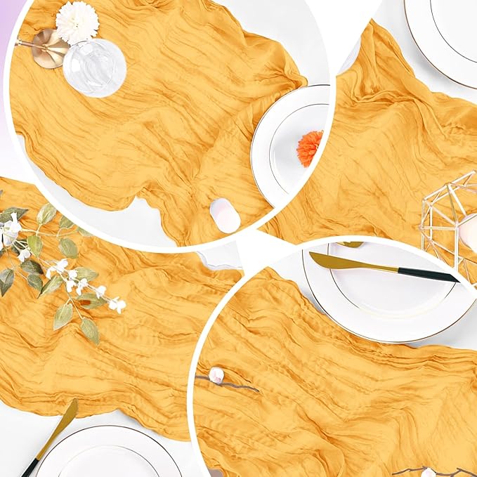 4 Pack Gold Cheesecloth Table Runner 20 x 120 inch Gauze Table Runners 10 FT Long,Semi Sheer Cheese Cloth Fabric Table Runner Bulk for Wedding,Party,Baby Shower,Bridal Shower Decoration