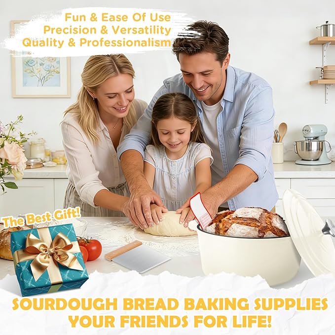 Enameled Cast Iron Dutch Oven Pot with Lid, Incl. Sourdough Bread Baking Supplies Like Banneton Bread Proofing Basket, Starter Jar, Scoring Tool Lame, 5QT Dutch Oven for Bread Baking, Oven Safe up to 500째F