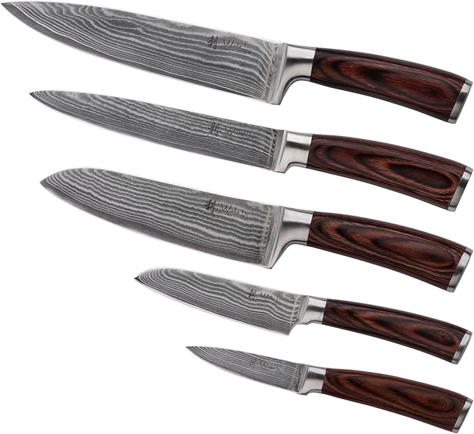 Wakoli EDIB 5-Piece Damascus Knife Set ??Professional Chef Knives Set with VG10 Core Blades, 67-Layer Damascus Steel and Ergonomic Pakkawood Handles ??Premium Kitchen Knives in Wooden Gift Box