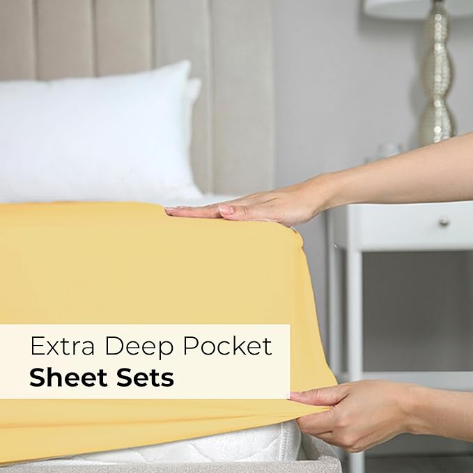 Extra Deep Pocket King Sheets - 4 Piece Breathable & Cooling Bed Sheets - Hotel Luxury Bed Sheet Set - Soft, Wrinkle Free & Comfy - Easily Fits Extra Deep Mattresses - Deep Pocket Yellow Sheets Set