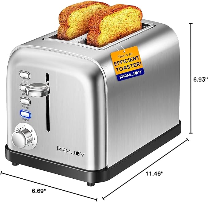 RAMJOY Toaster 2 Slice, Extra Wide Slot Toaster for Bagels, Bread, Waffles, 7 Shade Settings, 4 Main Functions, Removable Crumb Tray, 900 Watts Toasters, Brushed Stainless Steel
