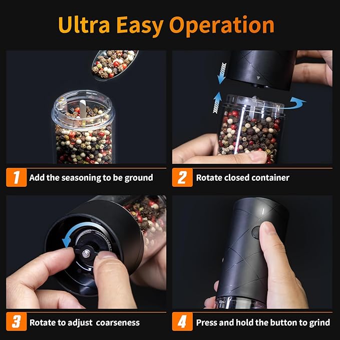 2Pack Electric Salt and Pepper Grinder Set USB Rechargeable with Warm LED Light, Adjustable Coarseness Lidaop Large Capacity Automatic Salt Pepper Mill Shakers for Kitchen, Restaurant, Upgrade Black