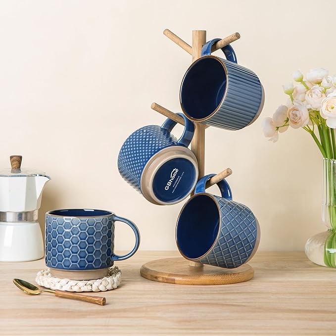 GBhome 15OZ Stackable Coffee Mugs, Ceramic Coffee Cups with Texture Patterns for Man,Woman,Dad,Mom, Modern Mugs Set of 4 for Latte/Cappuccino/Cocoa. Dishwasher&Microwave Safe, Blue