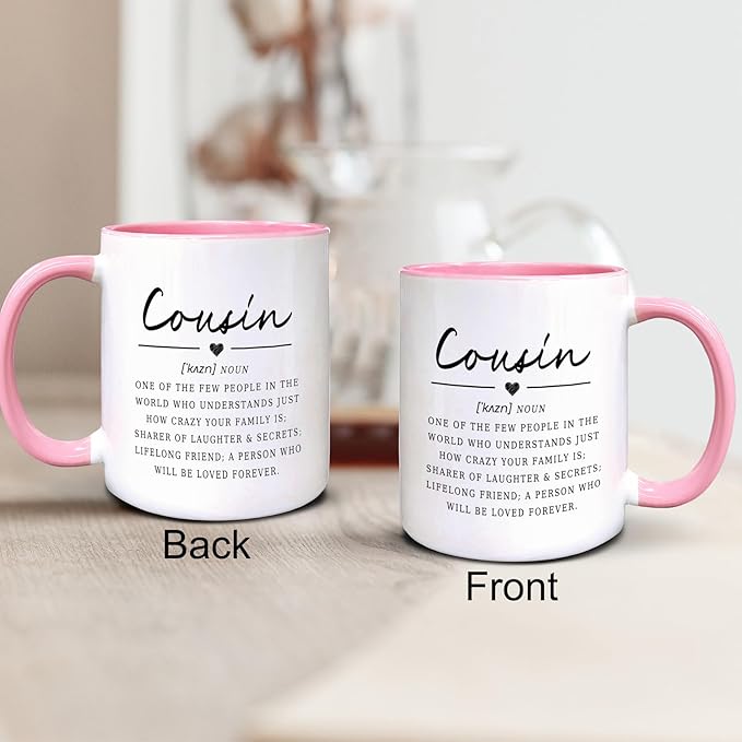 QASHWEY Cousin Definition Coffee Mugs Mug, Cousins Birthday Christmas Wedding Gifts from Cousin,Inspirational Cousins Gifts Double Side Printed Ceramic Mug Cup 11 Ounce(Pink)