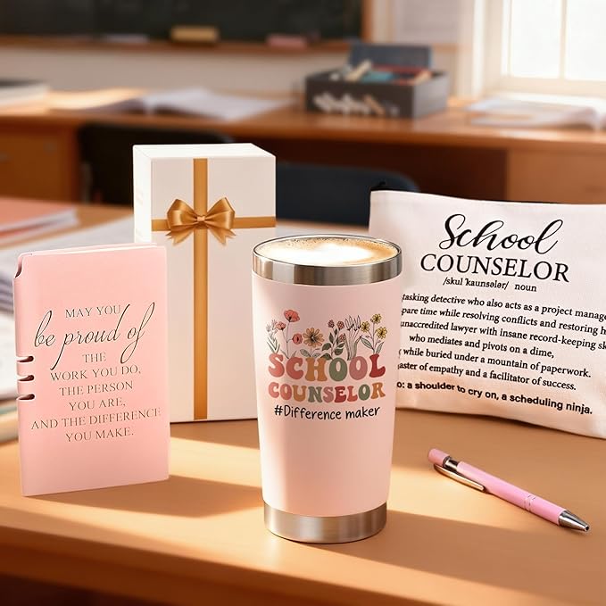 Lifecapido 4Pcs School Counselor Appreciation Gifts, 20oz Counselor Appreciation Insulated Tumbler with Lid & Straw, Makeup Bag, Notebook, Ballpoint Pen, Thank You Gifts for Educator Teacher(Pink)