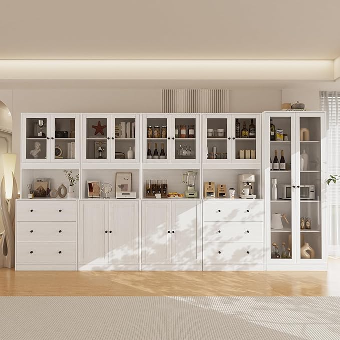 VOWNER 4PCS Bookshelf and Bookcase, 5-Tier Modern Bookshelves with 3 Large Drawer, Glass Display Cabinet with Lager Storage Shelf, Combination Storage Shelves for Home Office, White (AACC)