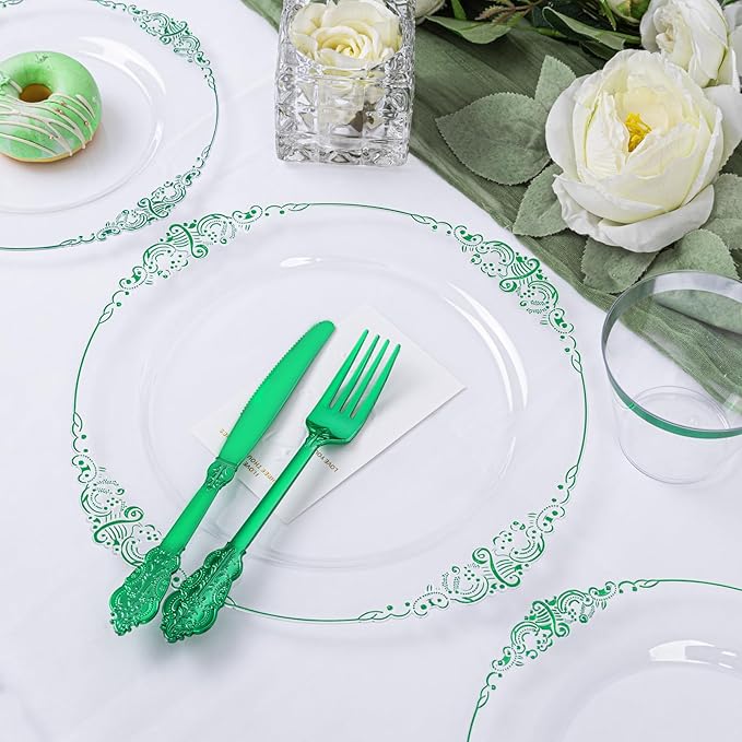 Hioasis 175pcs Clear and Green Plates - Green Party Plates for 25 Guest, Include 50 Heavy-duty Plates(20% Thicker Than Standard), 25 Pre Rolled Gold Plastic Silverware Set, 25 Cups