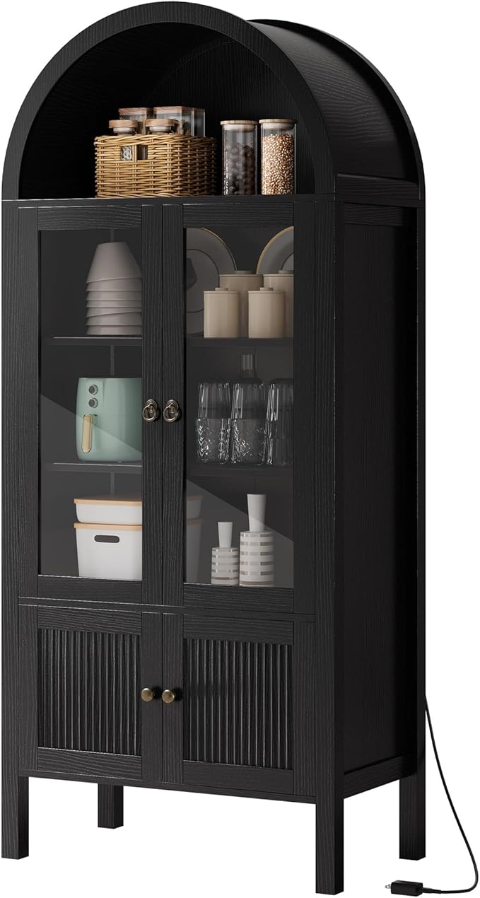 DWVO 71" Tall Arched Cabinet Kitchen Pantry with LED Light/Wood Kitchen Storage Cabinets with Tempered Glass Doors and Adjustable Shelves/Bookcase Cabinet with Storage for Dining Room-Black