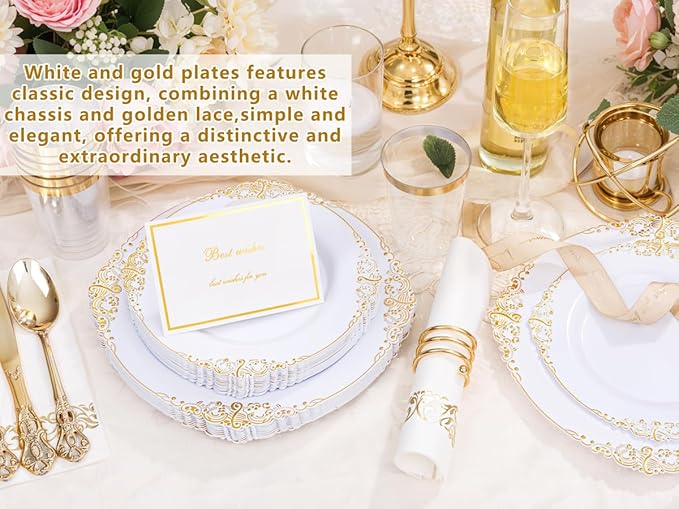 YOUBET 700PCS Gold Plastic Dinnerware Set - White and Gold Disposable Plates for 100 Guest - 200 Disposable Plates, 300 Heavy Duty Plastic Silverware, 100 Cups,100 Napkins for Wedding
